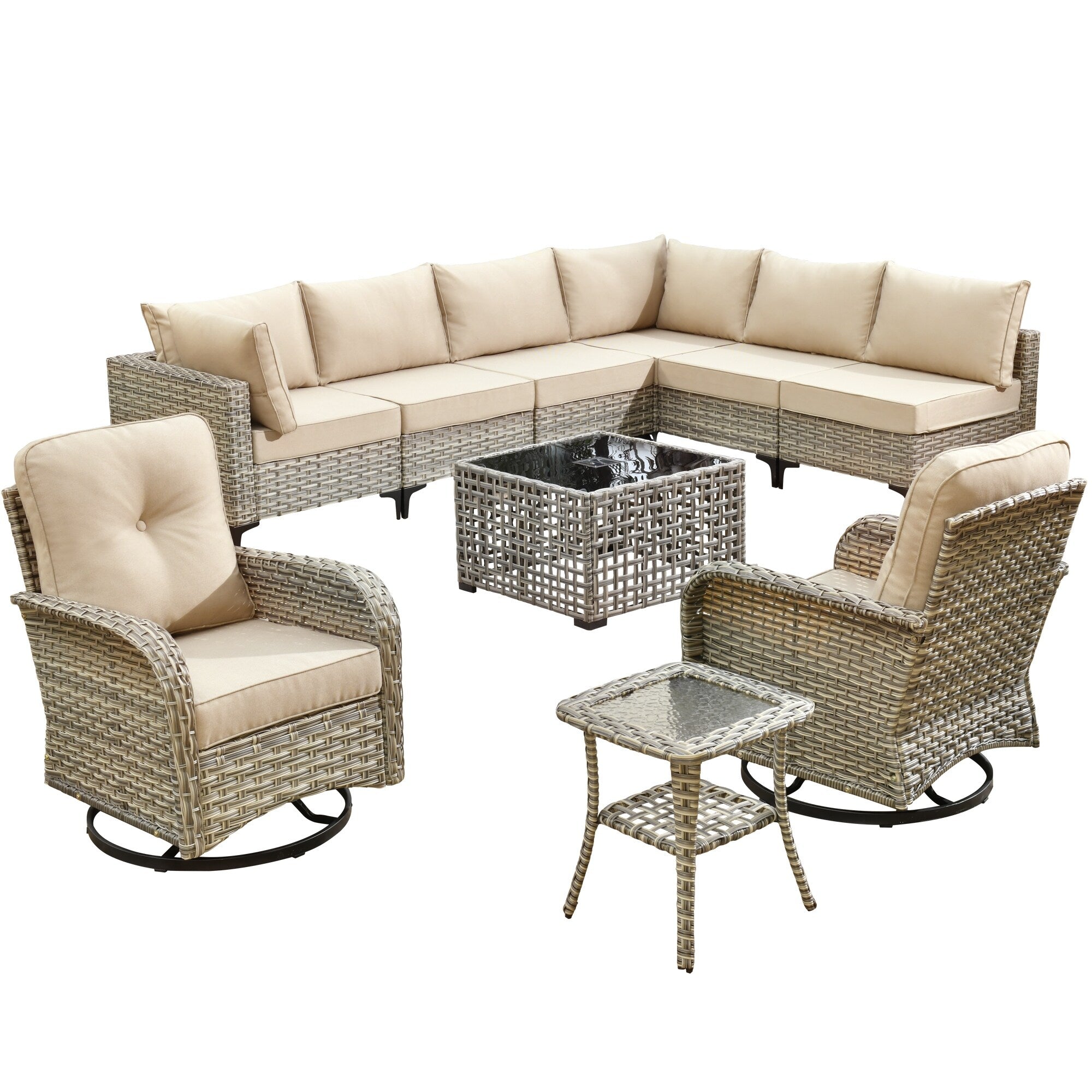 XIZZI 10-piece Patio Furniture Wicker Sectional Set with Swivel Chair
