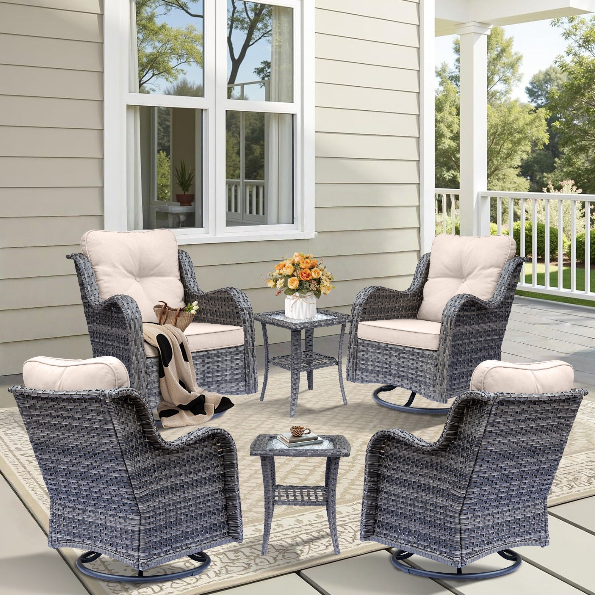 Outdoor Patio Furniture Set-Wicker Patio Conversation Swivel Chair Set