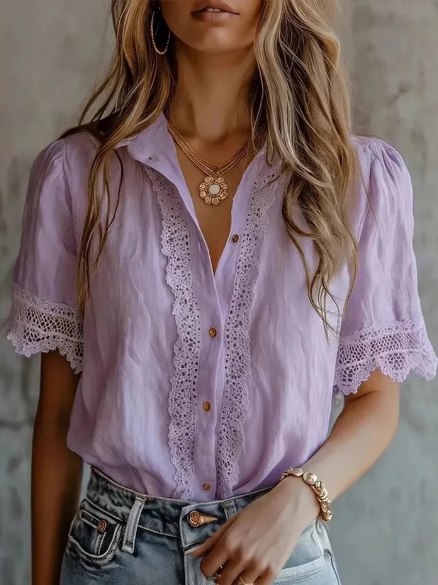 Lace Trim Button-Up Linen Blend Blouse