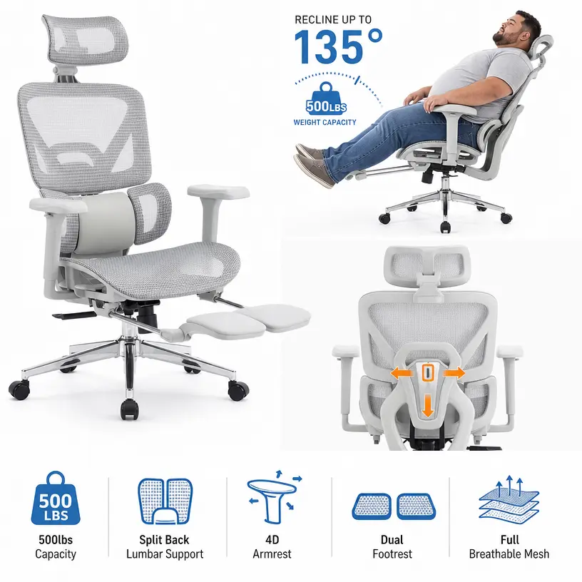 High Back Ergonomic Executive Office Chair - 6D Adjustable Armrests, High-Elasticity Mesh Back, 3-Zone Lumbar Support, Thick Cushion Seat, Adjustable Seat, Modern Grey, Assembly Required, Mesh Fabric, Footrest Included, Boosts Circulation