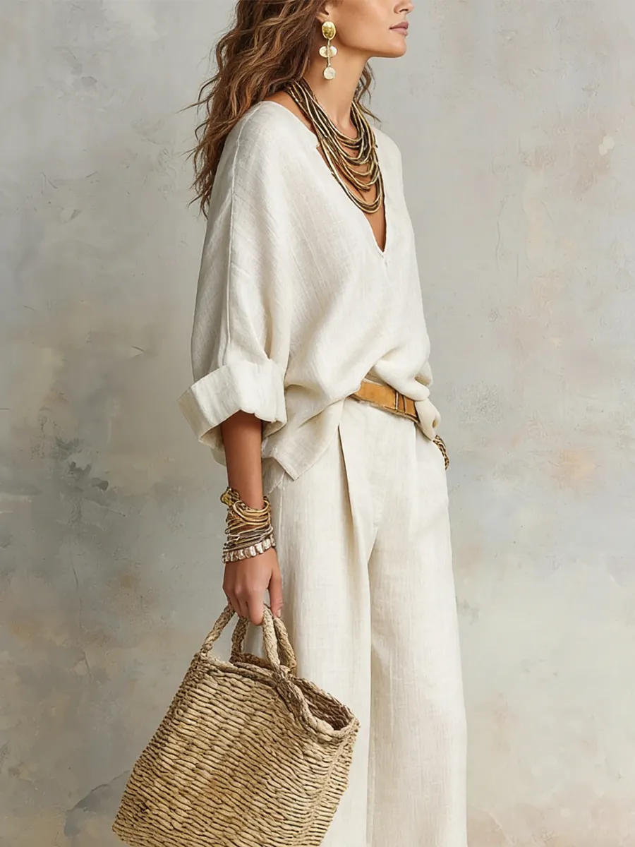 Off White Natural Linen Loose Fitting Resort Wear Set
