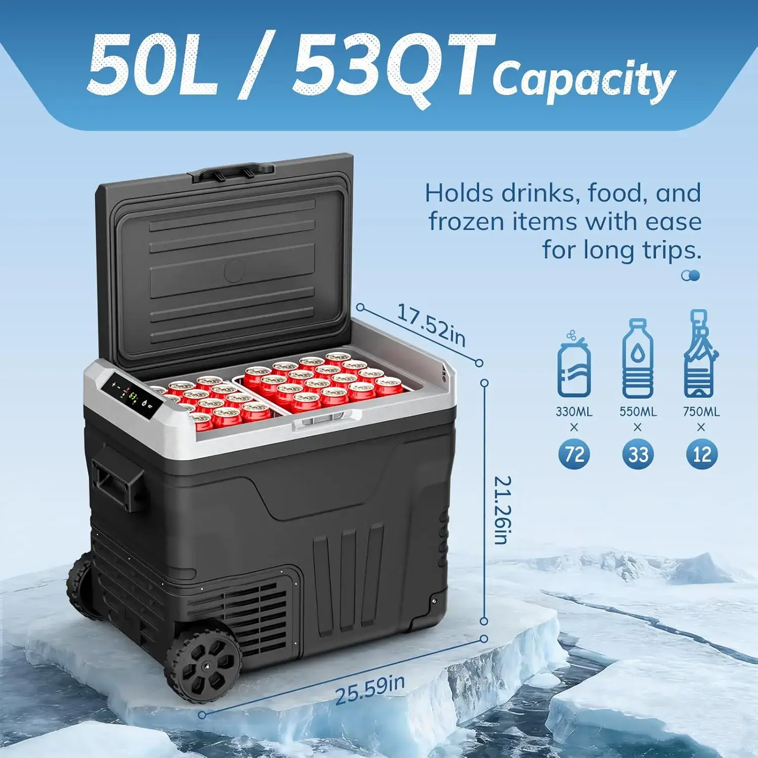 12V Refrigerator (24/37/53Quart /23L/35L/50L) supports 12V/24V DC & 110-240V AC. Portable with -4°F~68°F range, it features wheels, 2 baskets, and large cooling zone. Ideal for RVs, travel, Truck, Boat