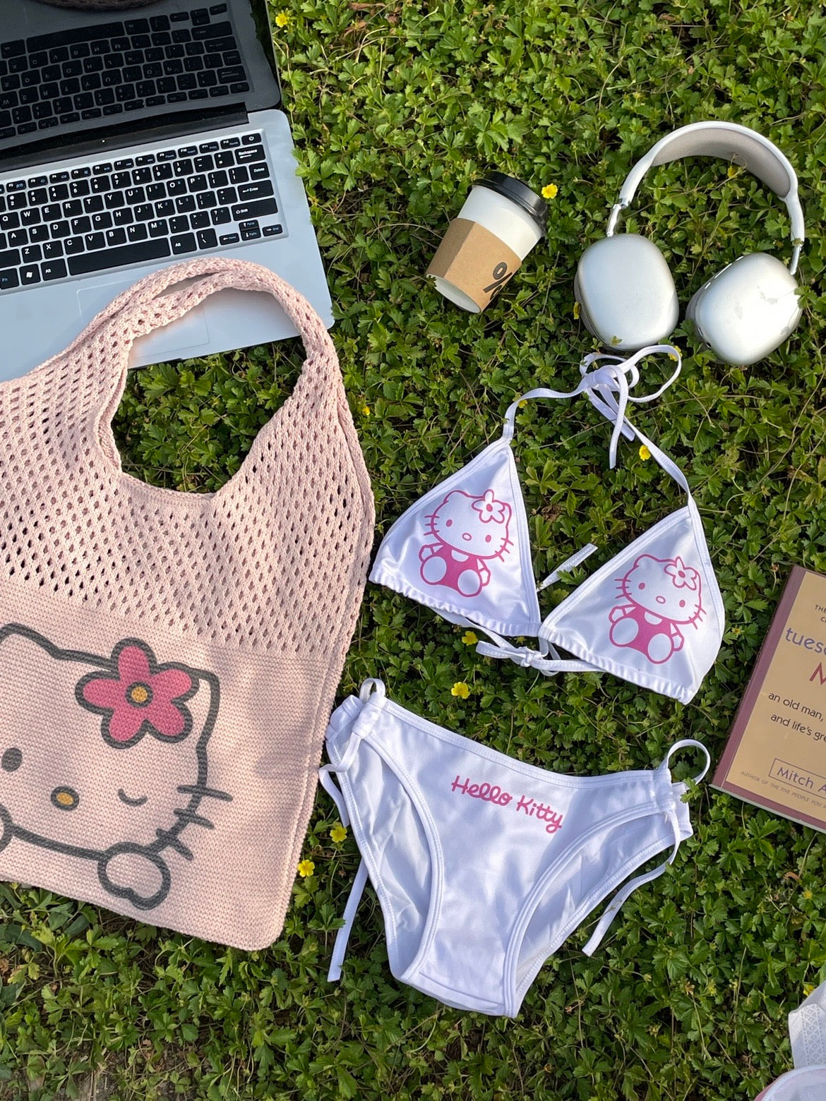 Hellokitty Halter Tie Side Triangle Bikini Set