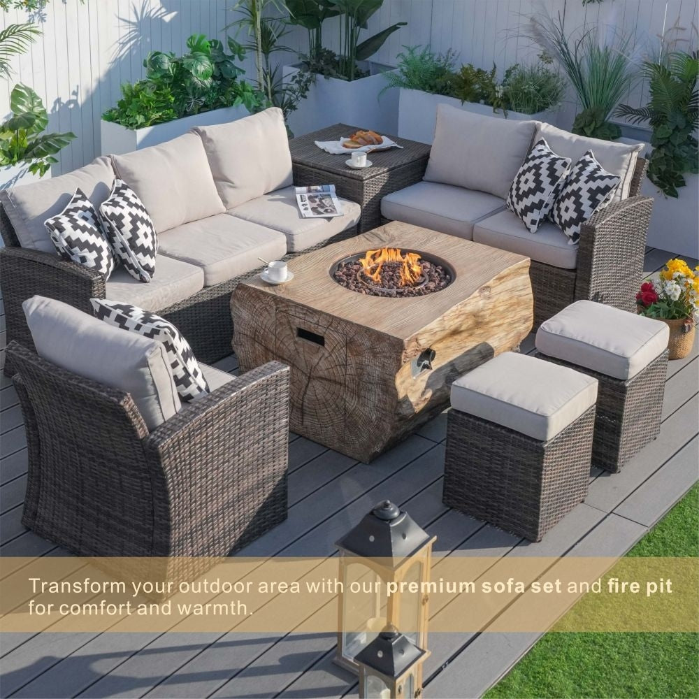 7-piece Patio Wicker Garden Chat Sofa Set with Fire Pit Table and Storage Box
