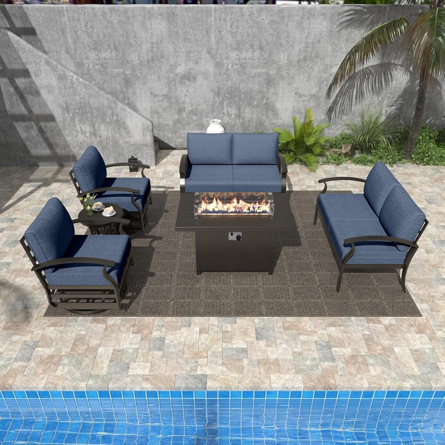 Kullavik Aluminum Outdoor Patio Furniture with Curved Armrests & Firepit Table
