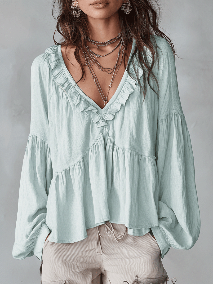 Ruffle Trim V-Neck Peasant Blouse