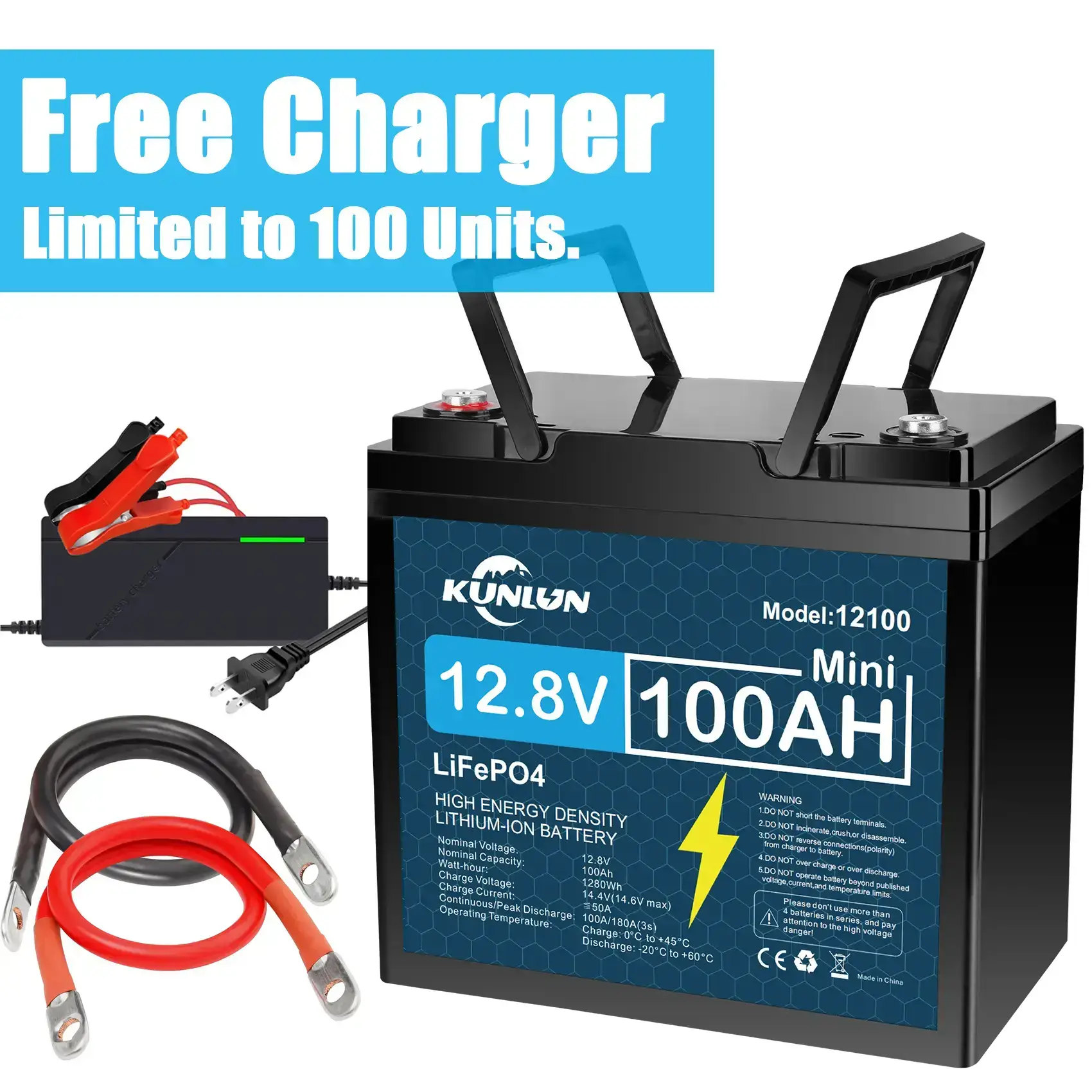 12V 100Ah LiFePO4 High Capacity Battery Model 12100 - 100A Smart BMS, 5000+ Cycles, 1280Wh Energy, Maintenance-Free Rechargeable Outdoor Emergency Power Station for RV, Off-Grid Solar, Marine Trolling Motors