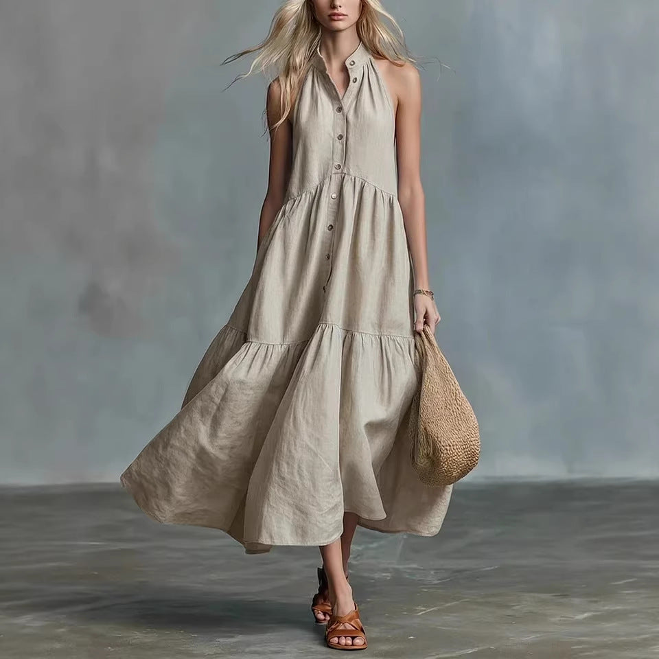 Sleeveless Casual Loose Linen Button Vest Dress