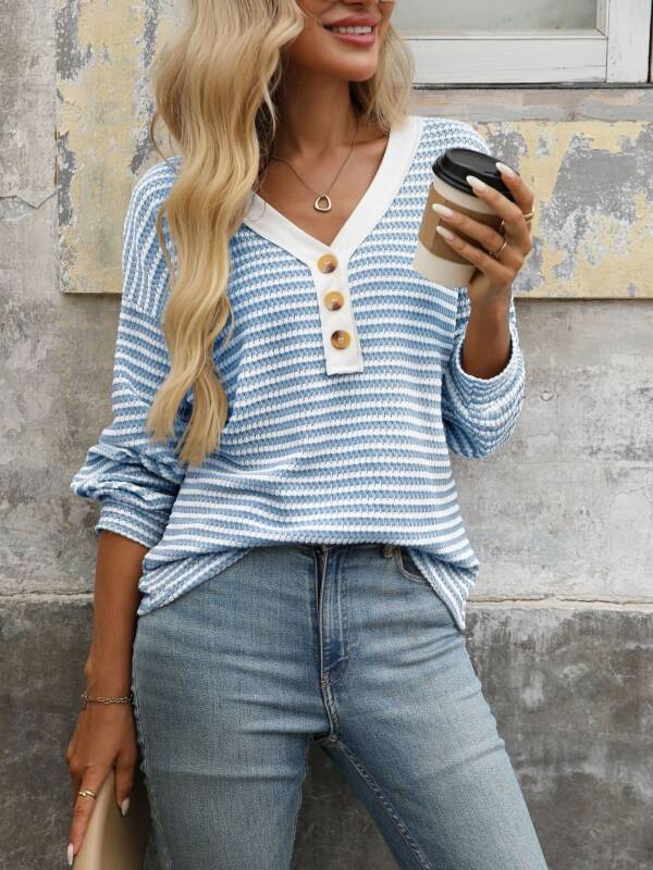 V-neck Button-front Long-sleeve Casual Spliced ​​Pullover