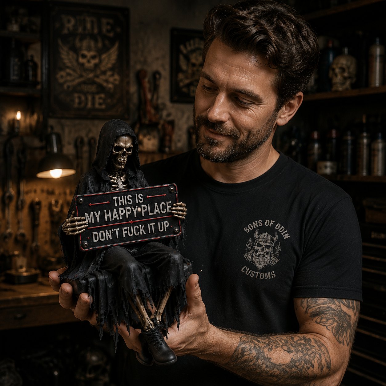 🔥LAST DAY 50% OFF - 💀“This Is My Happy Place” Skeleton Bookshelf Decor