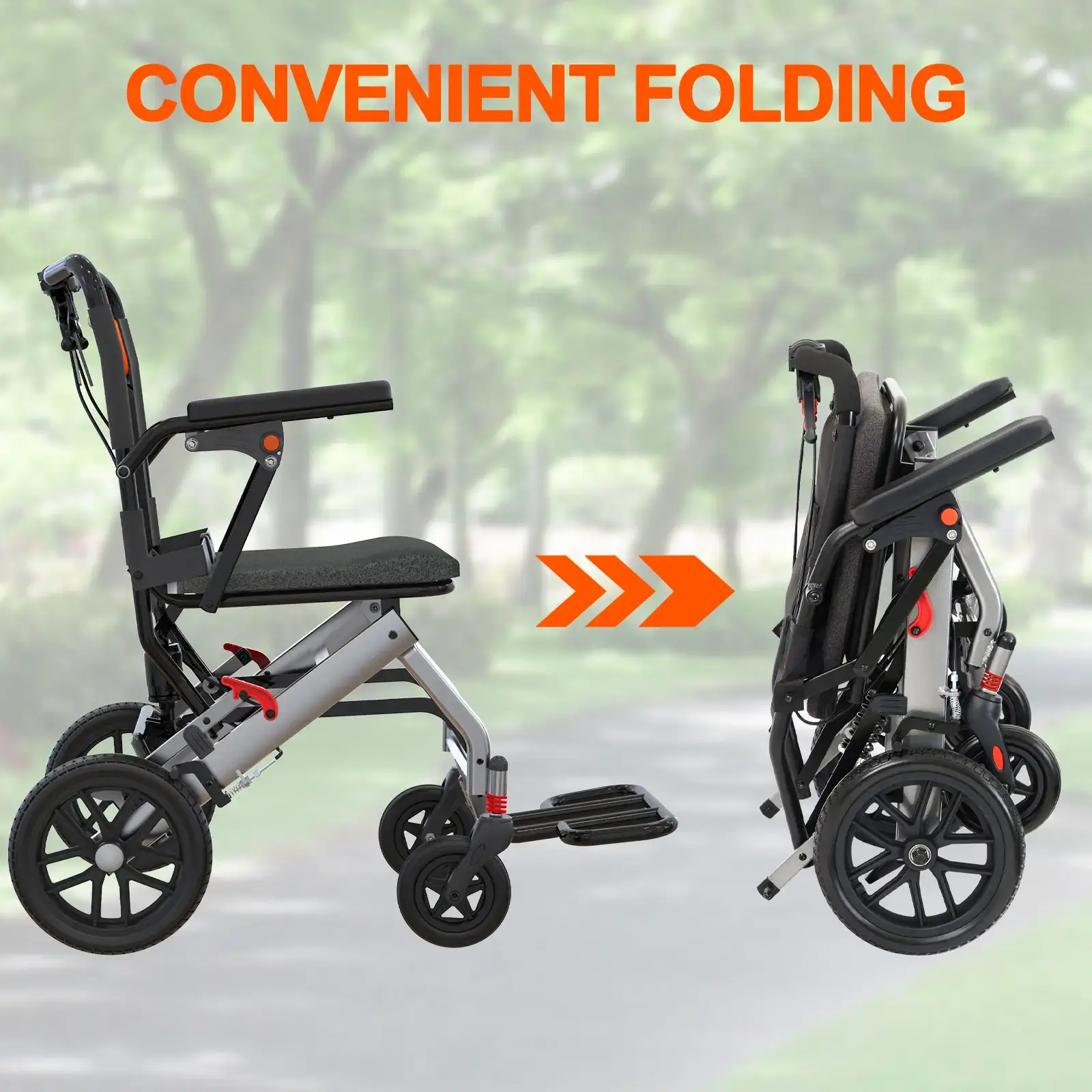 Ultra-Lightweight Folding Transport Wheelchair - Aviation Aluminum Frame - Dual Locking Hand Brakes - Removable Turn-Up Armrests - Swing-Away Footrests - Comfortable Large Seat - 16-Inch Wheels - Durable Portable Mobility Aid for Elderly and