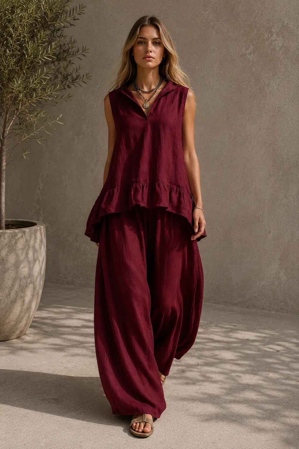 Sleeveless Ruffle Hem Top & Wide Leg Pants Set