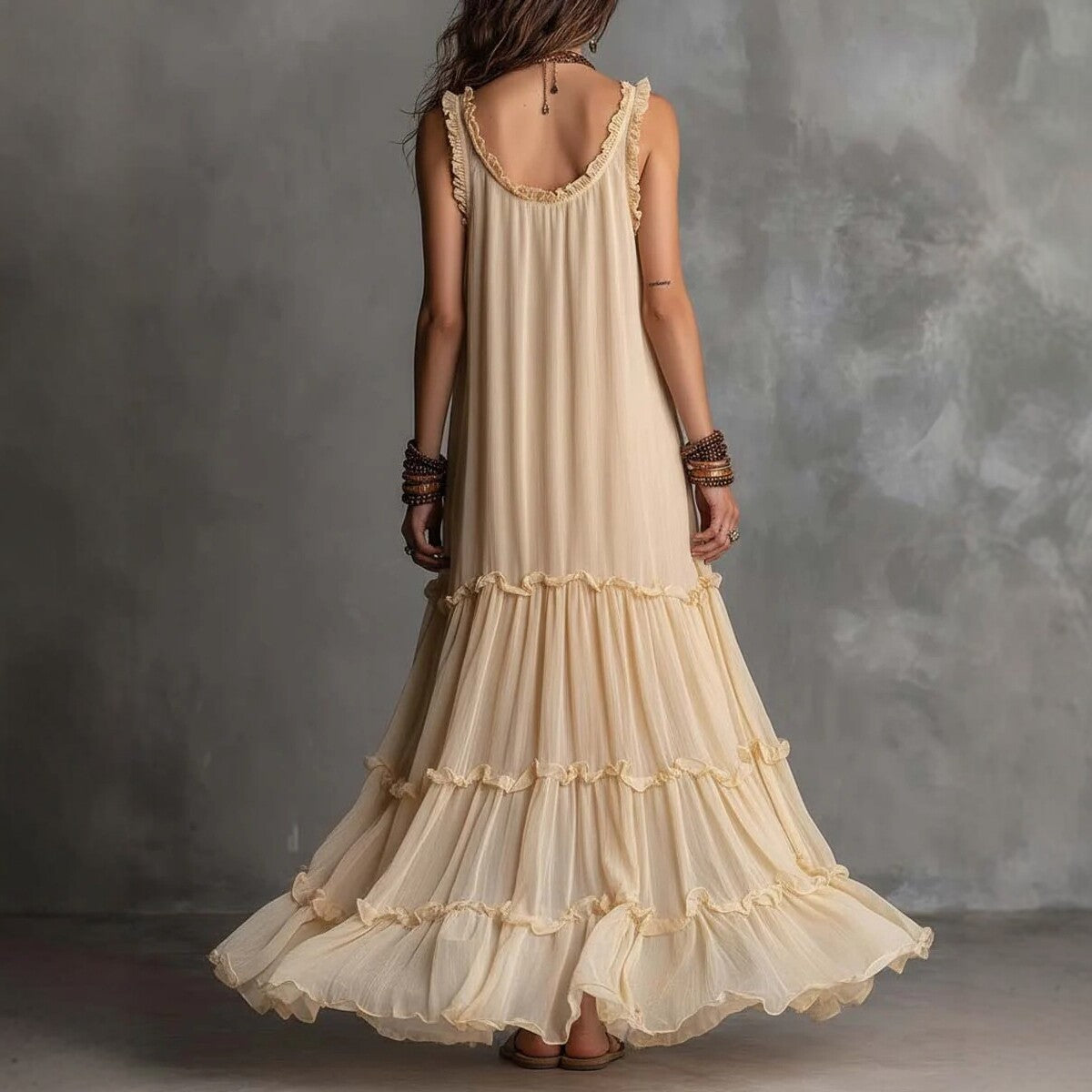 Boho Tiered Ruffle Chiffon Maxi Dress – Sleeveless Flowy Beige Summer Sundress for Women