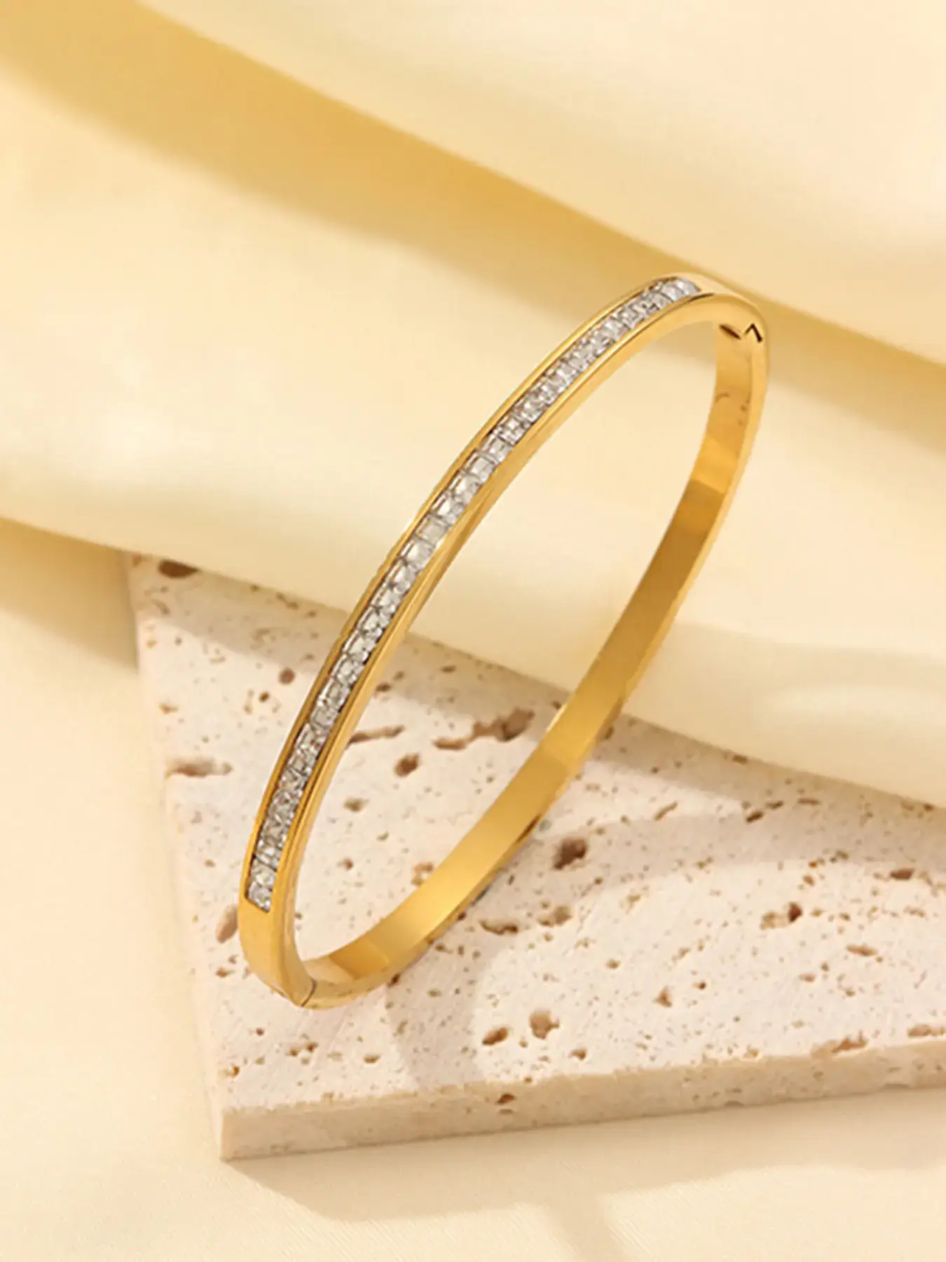 5-Piece Waterproof Titanium Steel Bracelet Set, Rhinestone Design, 18K Gold Plated