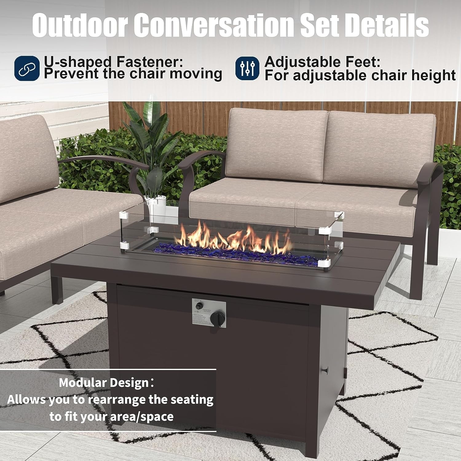 Kullavik Aluminum Outdoor Patio Furniture with Curved Armrests & Firepit Table