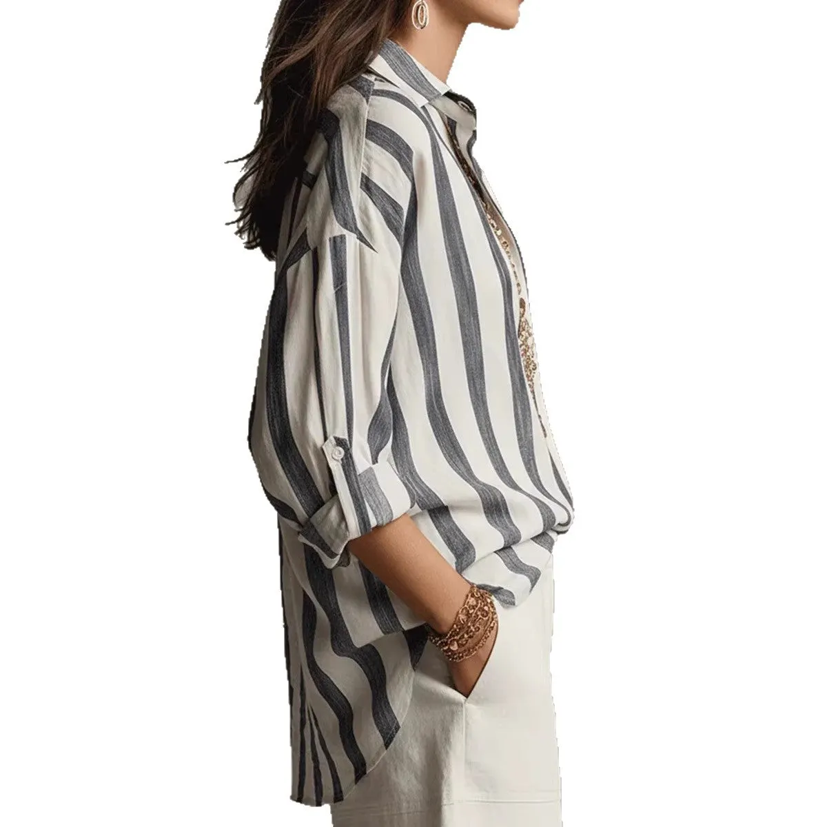 Relaxed Striped Button-Up Blouse