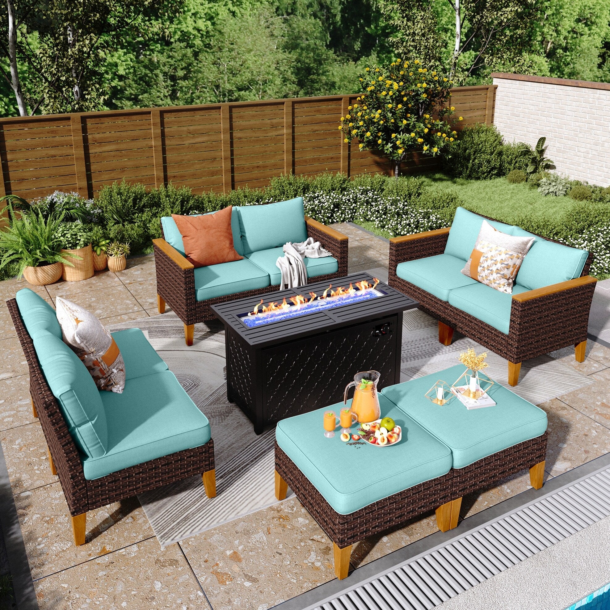 8-Piece Patio Outdoor Wicker Sectional Sofa Set, Large Seating Furniture Conversation Sets with Fire Pit Table