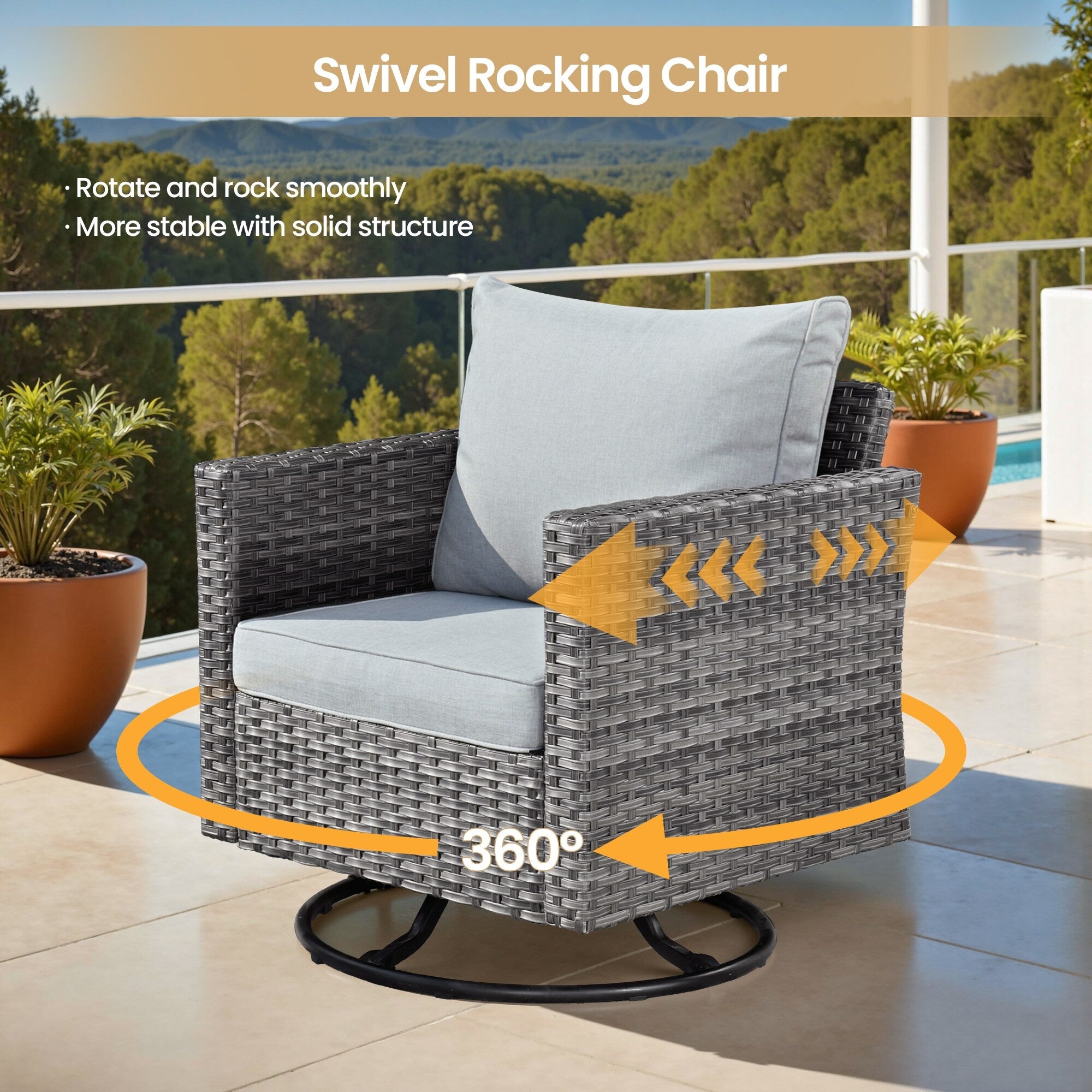 XIZZI 9 Pieces Patio Wicker Furniture Swivel Rocker with Firepit Table