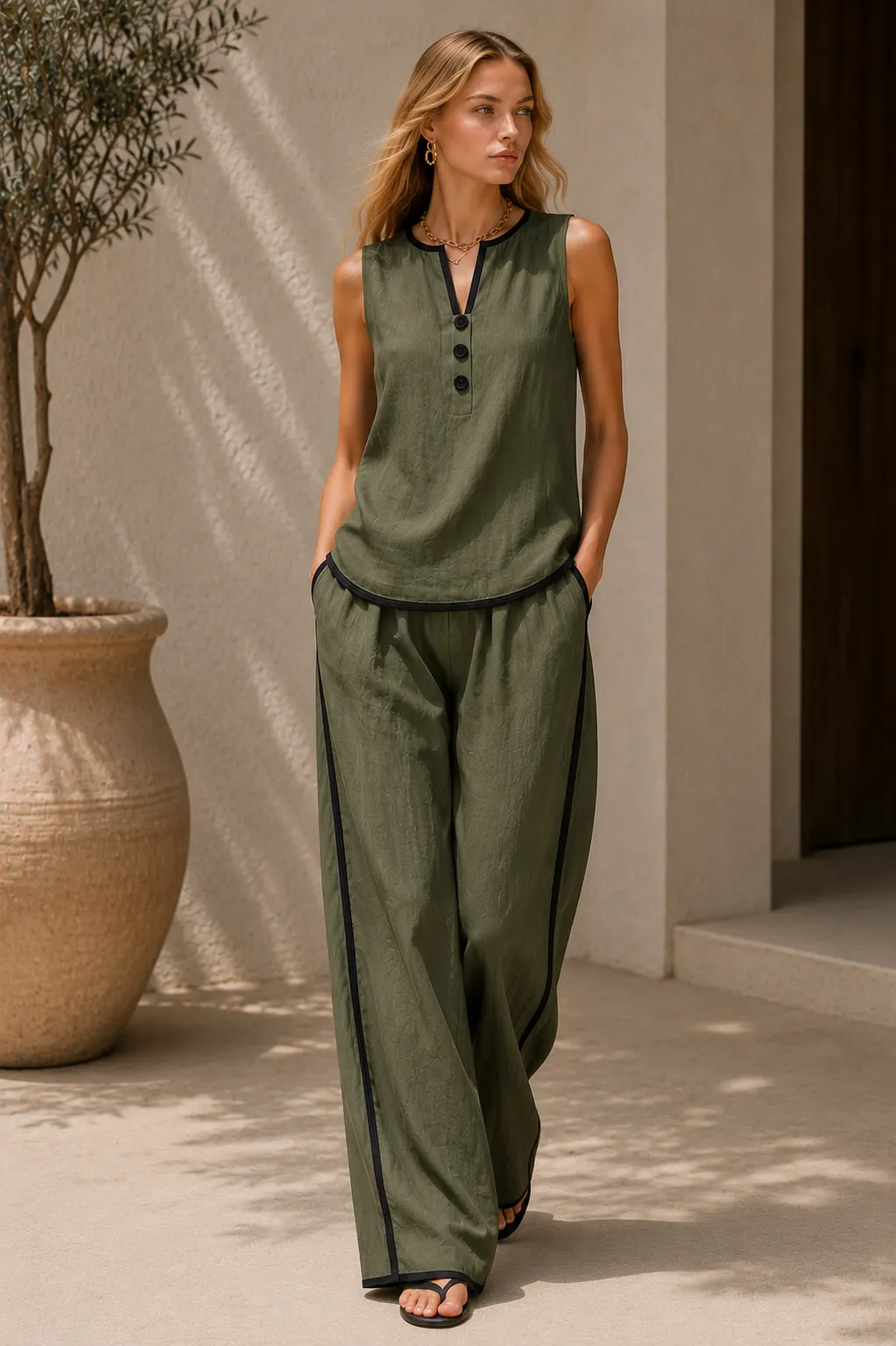 Loose-fitting Cotton-linen Color-blocked Sleeveless Top And Pants Set