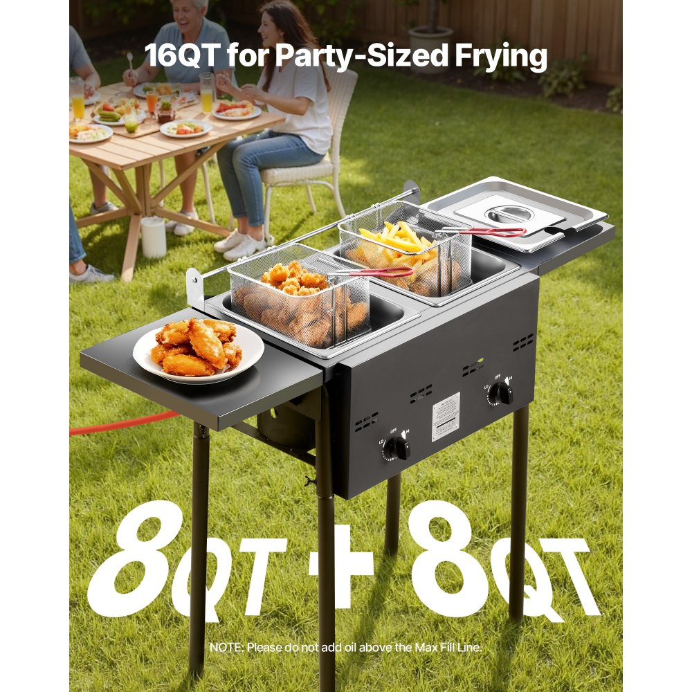 ⚡️Clearance sale⚡️ Outdoor Propane Deep Fryer, Dual-Tank 8QTx2 Commercial Fryer, Stainless Steel Cooker with Foldable Platform