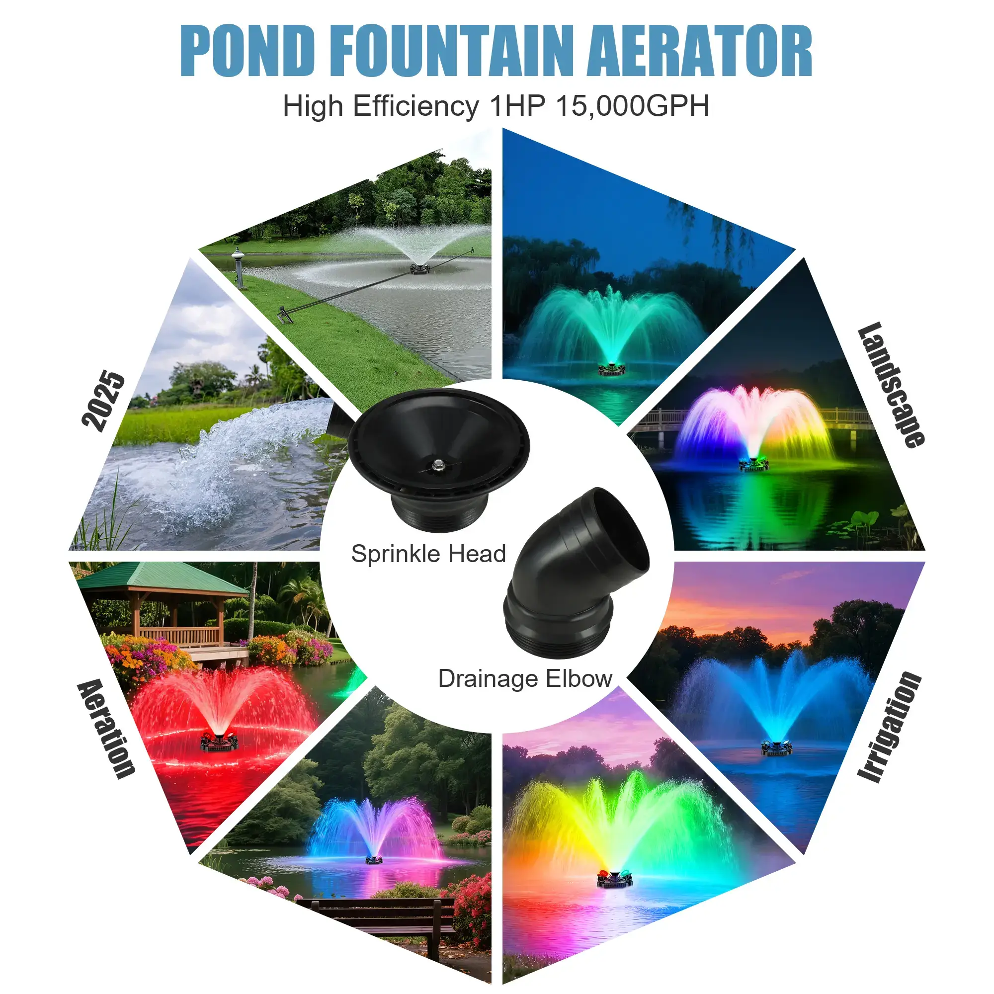 Pond Fountain Aerator, F3 With 4 RGB Lights, 1HP 750W 110V Stainless Steel Floating Fountain With 100FT Power Cord, Octagon Aerating Fountain Pump for Small Large Pond Lake Pool Bay Fish farm