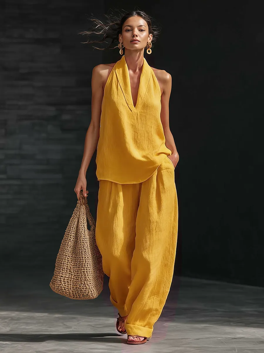 Casual Urban Style White Linen V-neck Sleeveless Top And Wide Leg Pants Set