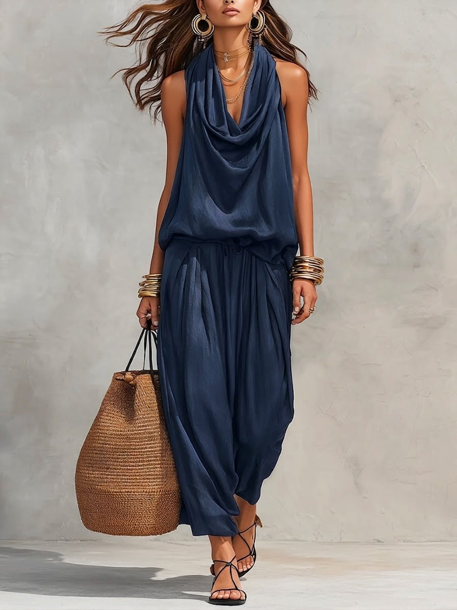 Open-Back Draped Halter Top & Relaxed Wide Leg Pants Set
