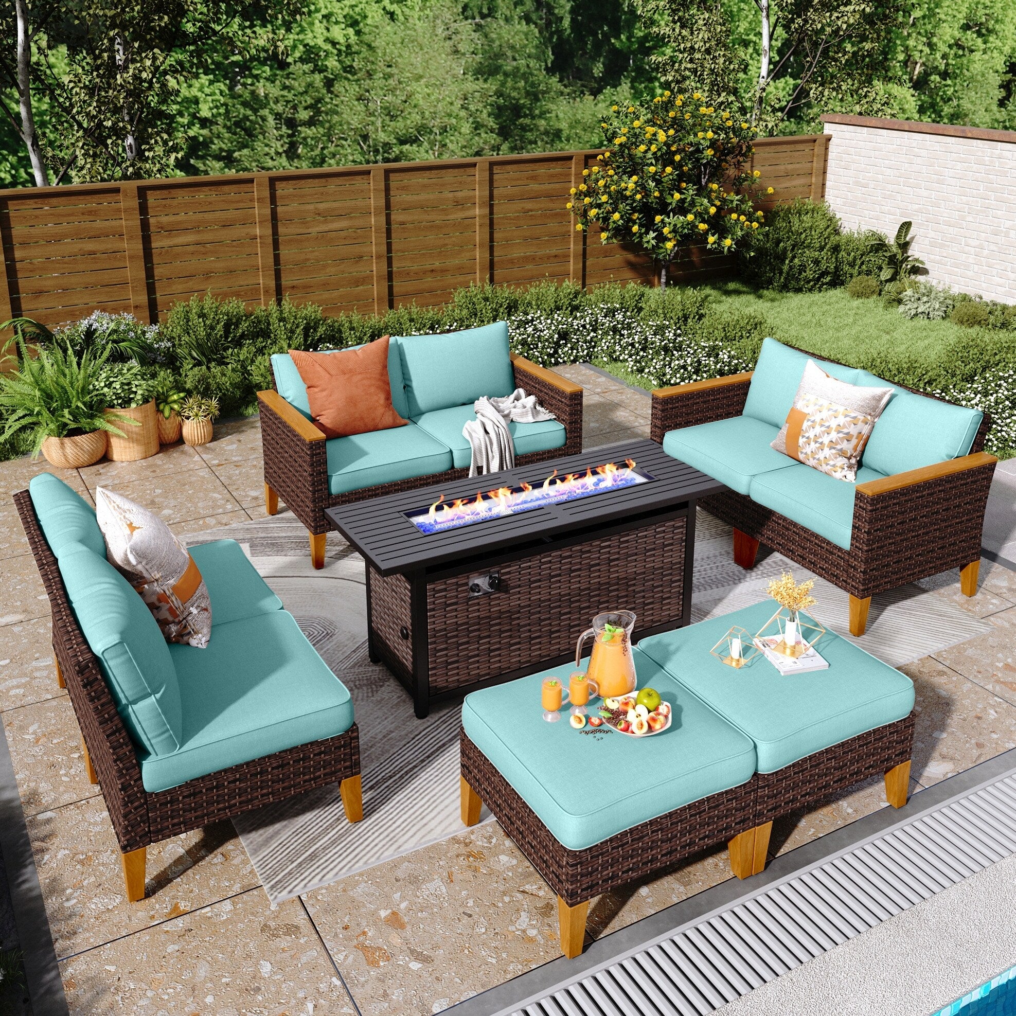 8-Piece Patio Outdoor Wicker Sectional Sofa Set, Large Seating Furniture Conversation Sets with Fire Pit Table