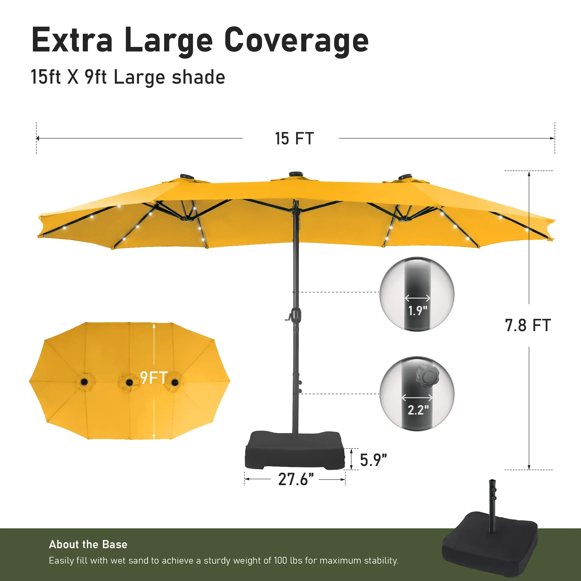 15ft Large Outdoor Patio Umbrella with Base – LED Light Option, Double-Sided, Crank Handle, Waterproof，Comes with Weighted Base and Sandbag, Accommodates 10 People, Great for Poolside, Garden, Lawn, Backyard, Deck and Beach