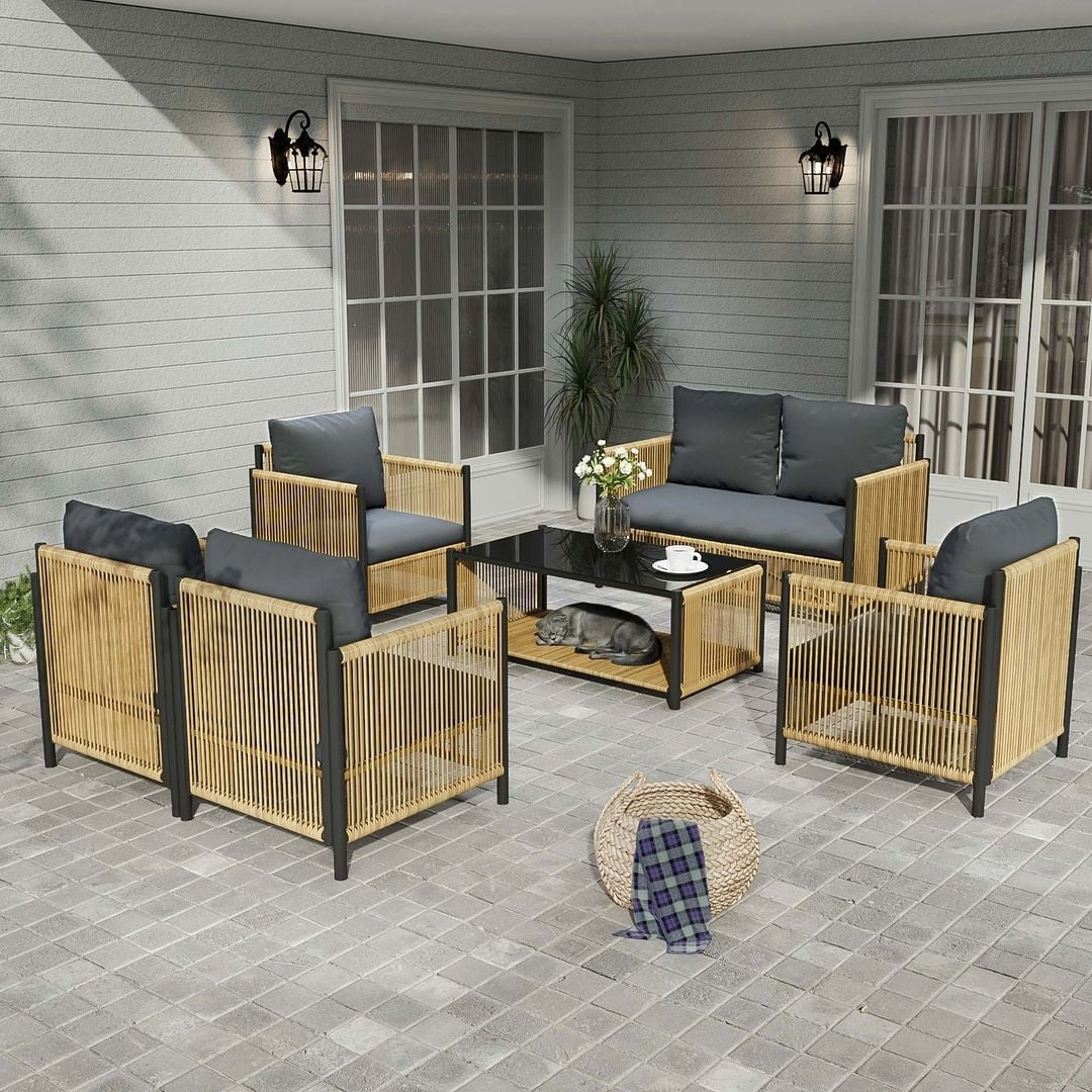 6 PCS Outdoor Patio Furniture Set PE Wicker Sofa Set