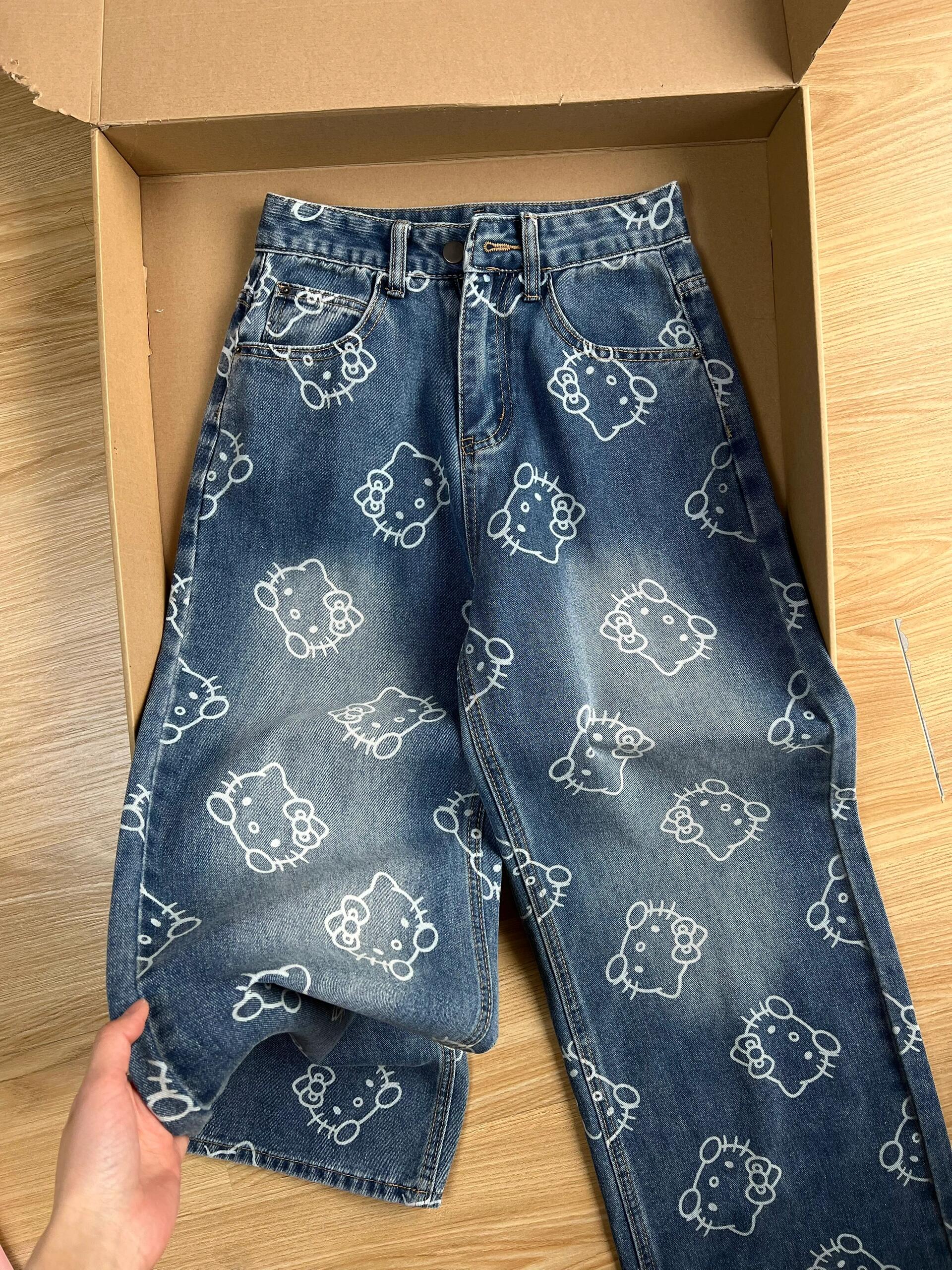 Hellokitty Embroidery Wide Leg Jeans High Waist Baggy Jeans Denim Pants