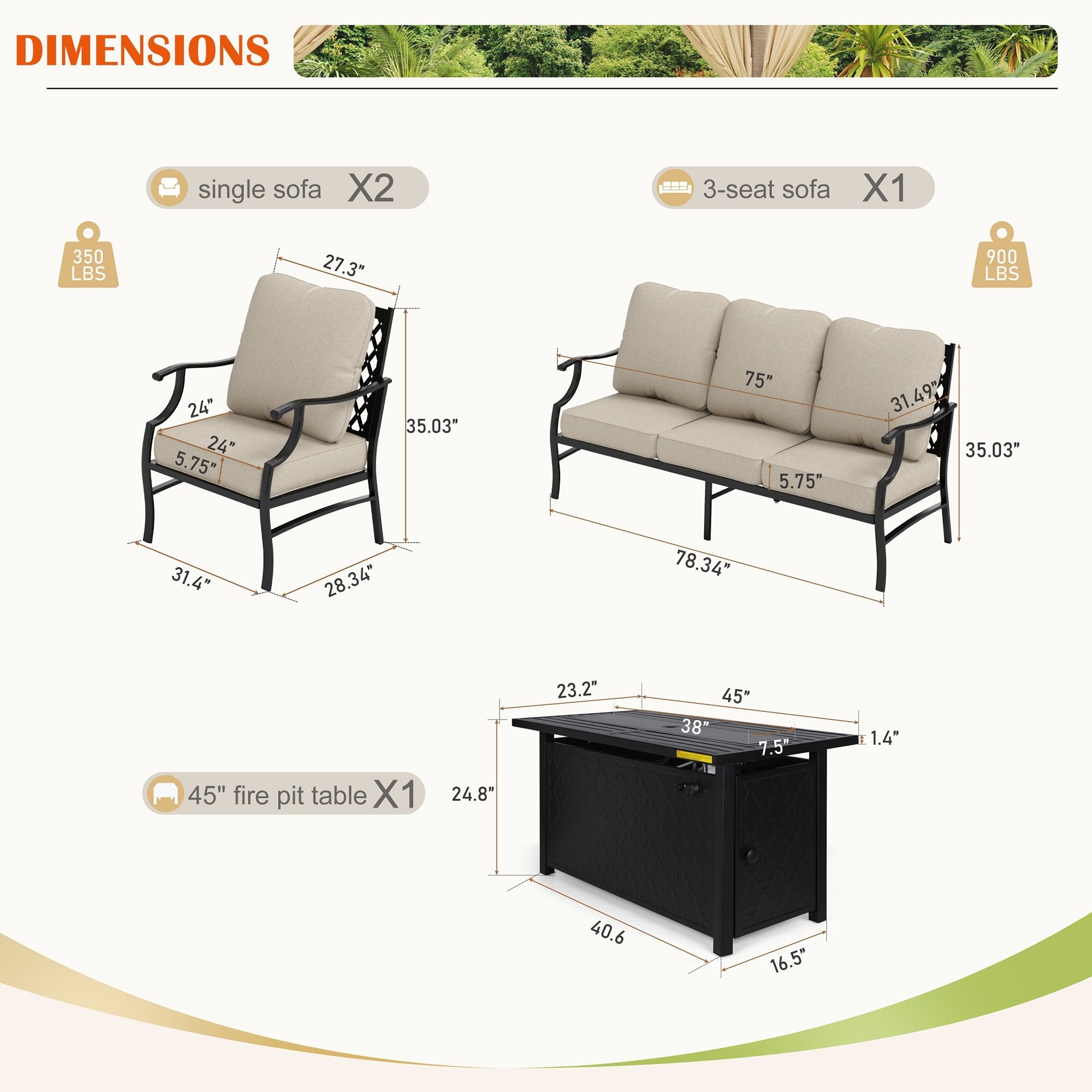 MAISON ARTS Outdoor Sofa Set 4/6-Piece Patio Conversation Set with 45'' Gas Fire Pit Table