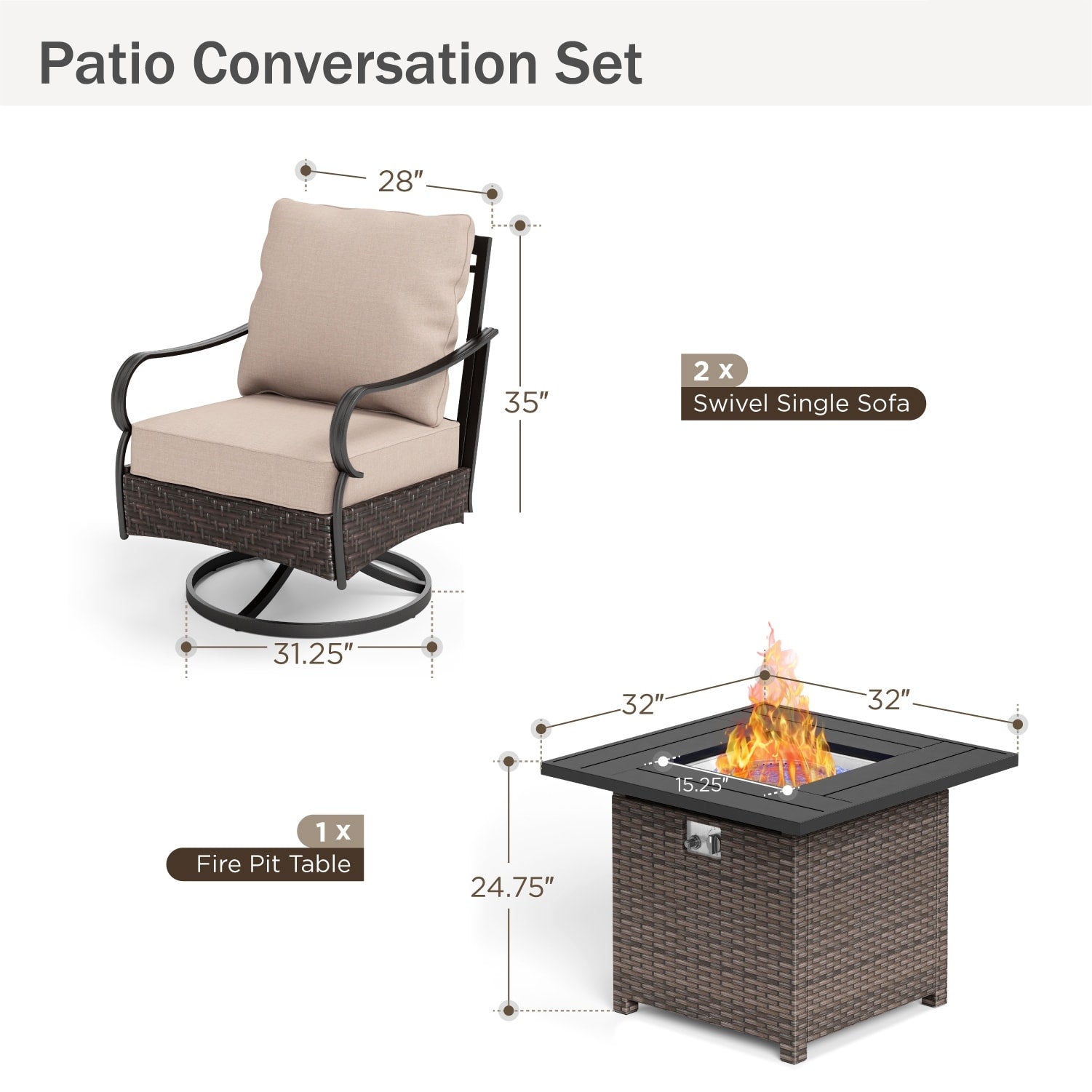 MAISON ARTS Oversized 6-Piece Outdoor Patio Set with Fire Pit - 3-Seater Sofa, 2-Seater Sofa, Swivel Chairs, Ottomans (Beige)