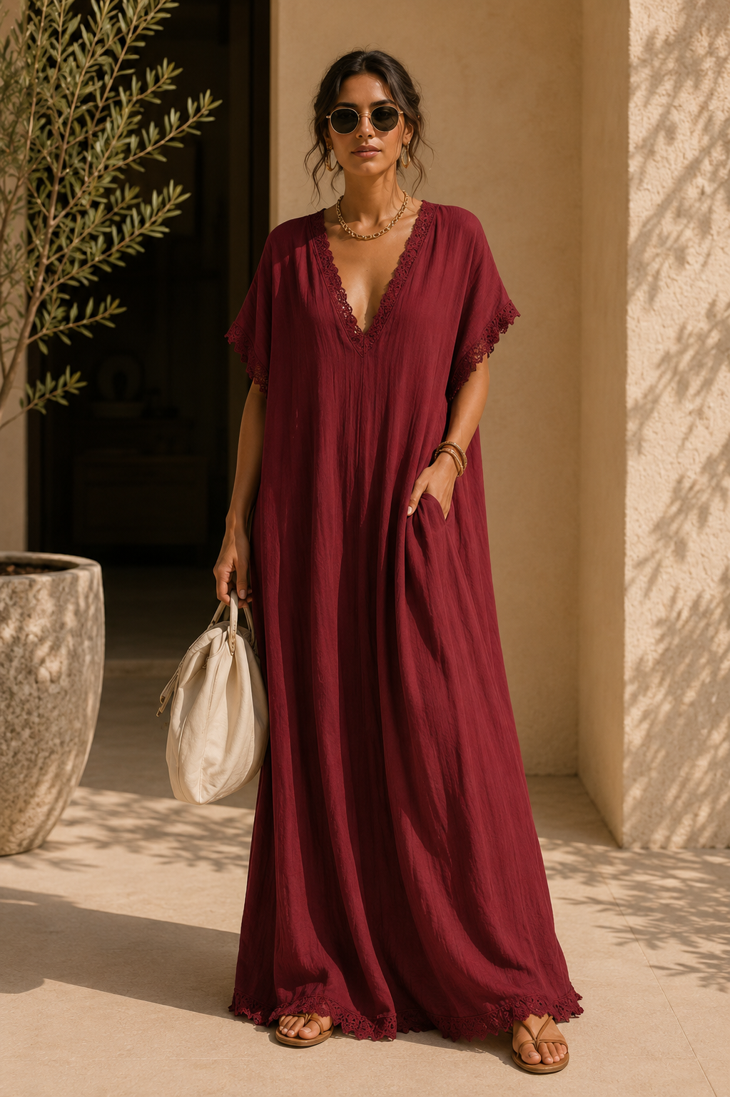 Casual Bohemian Urban V-neck Short-sleeved Lace Trim White Cotton Maxi Dress