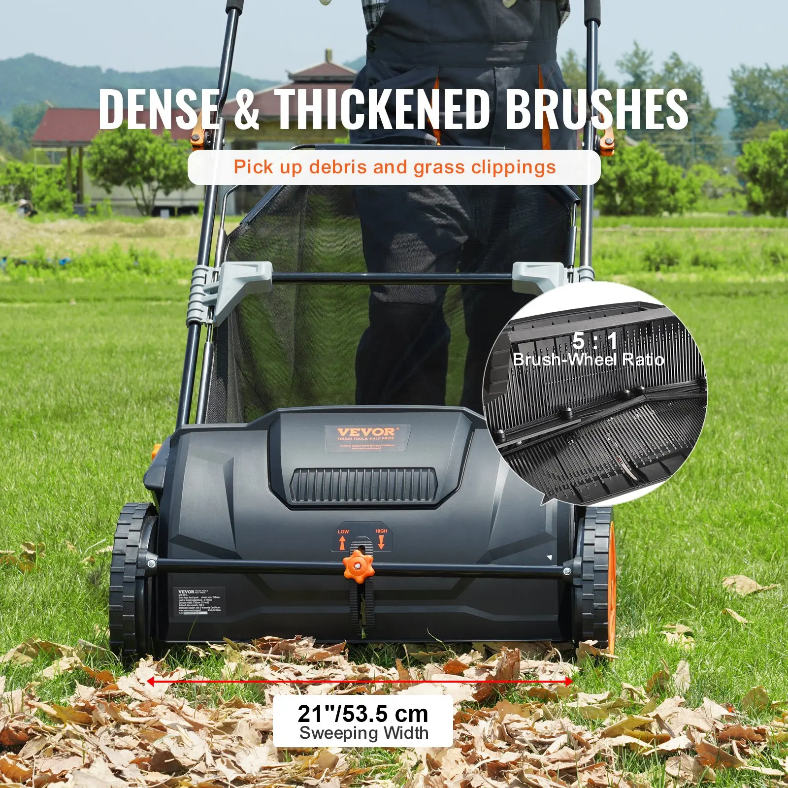 21‑Inch Push Lawn Sweeper Leaf & Grass Collector Tool, 3.5 cu.ft Mesh Hopper Bag, 2 Spinning Brushes, Adjustable Handle for Leaf Cleanup, Wall‑Hangable