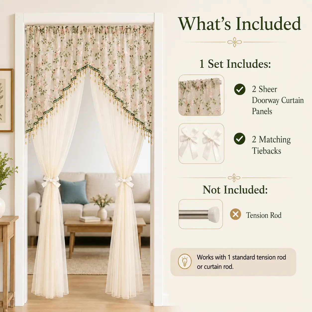 Sheer Floral Door Curtain with Tassel Trim