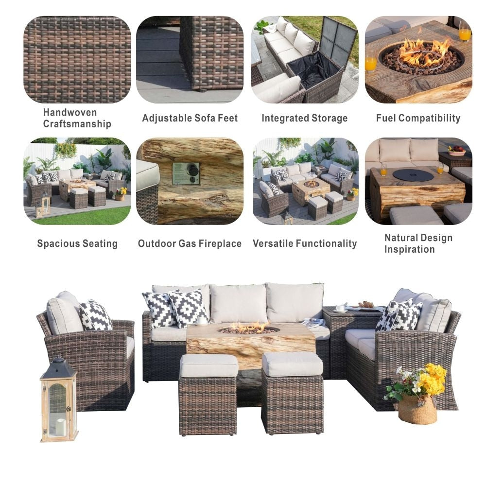 7-piece Patio Wicker Garden Chat Sofa Set with Fire Pit Table and Storage Box