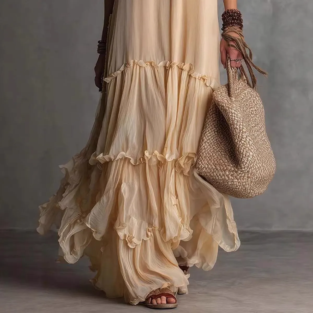 Boho Tiered Ruffle Chiffon Maxi Dress – Sleeveless Flowy Beige Summer Sundress for Women