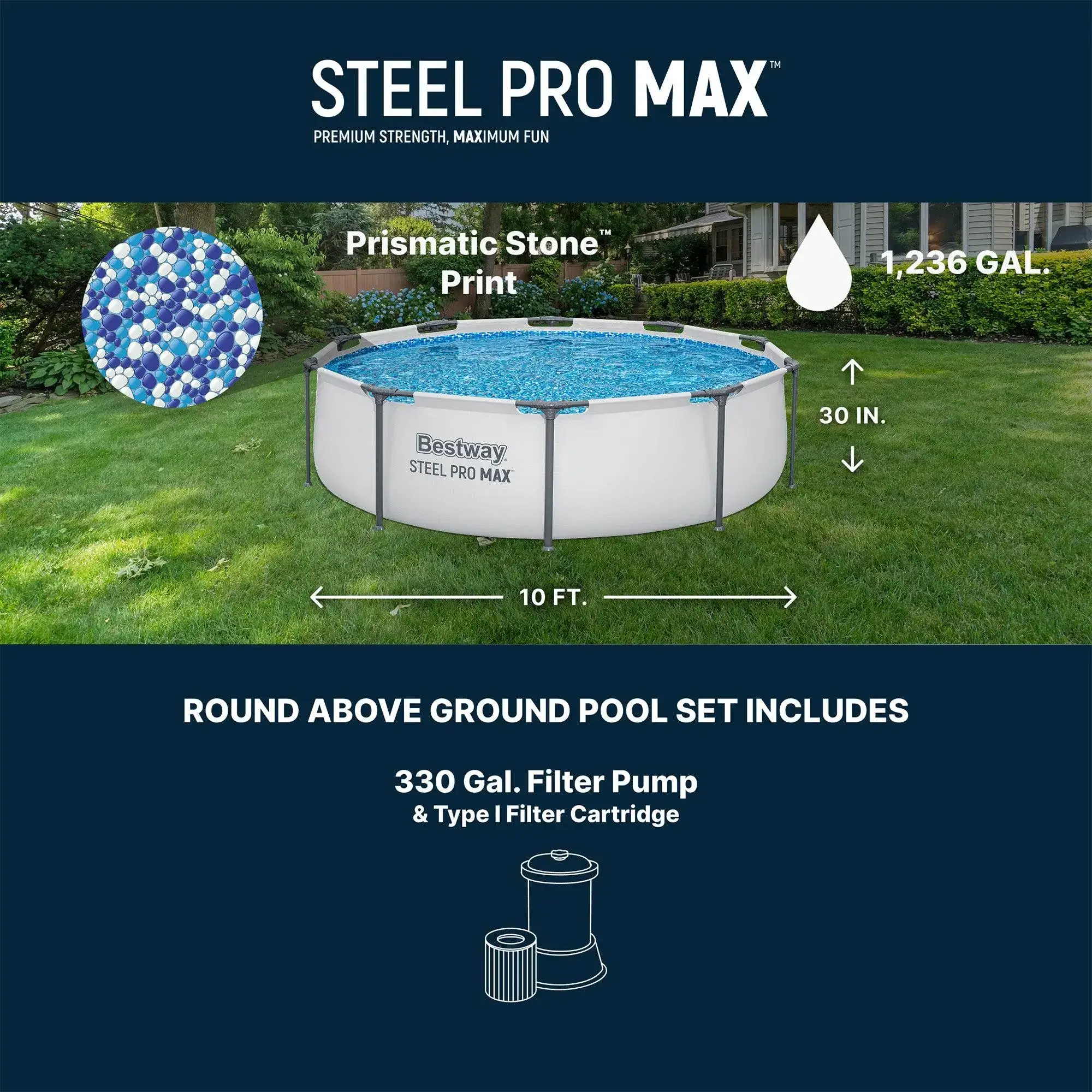 10ft Round Above Ground Outdoor Swimming Pool with Filter Pump