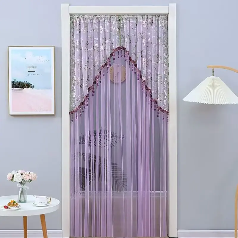 Sheer Floral Door Curtain with Tassel Trim