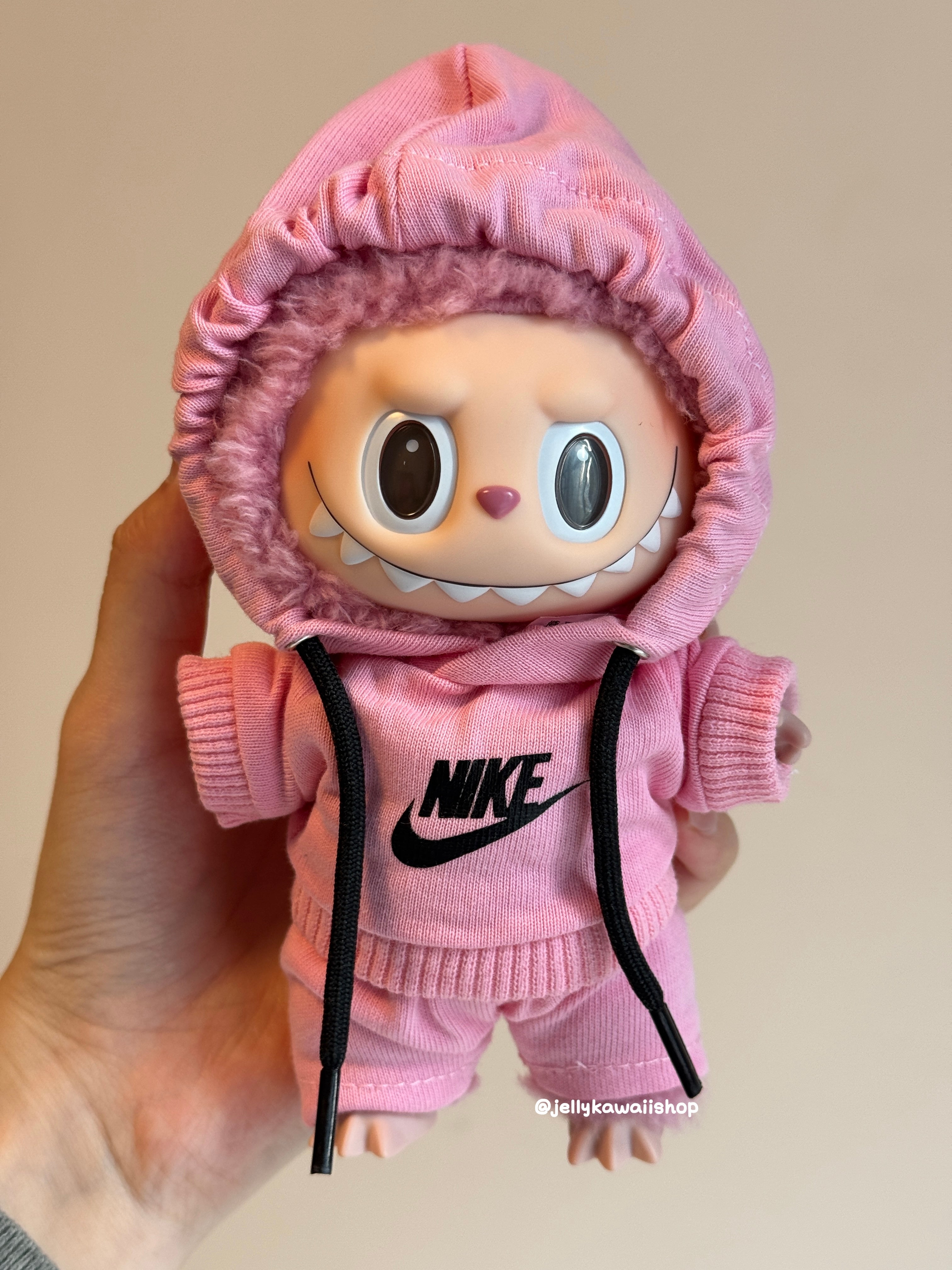 Pink Nike Hoodie 17cm Labubu Clothes Set(NO DOLL)  Accessories Suit Cute Clothes for Labubu Dress up Unique Style