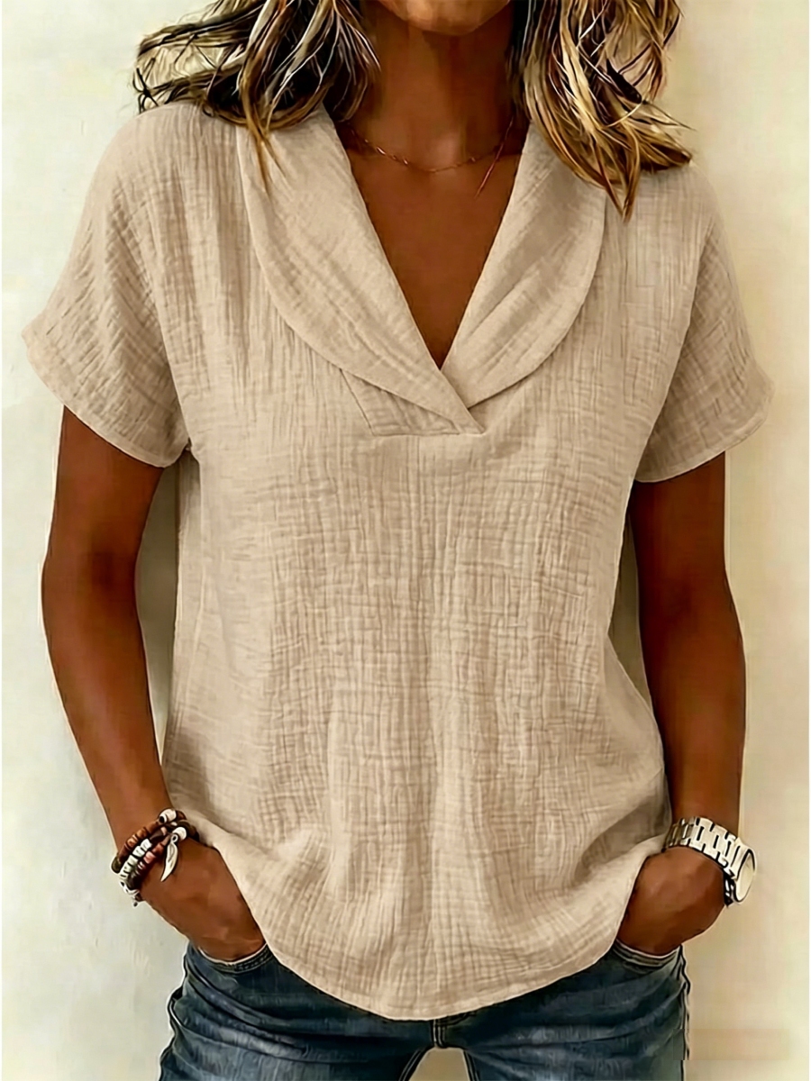 Shawl Collar V-Neck Linen Blend Blouse