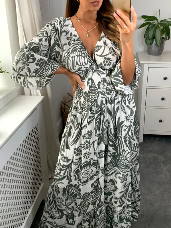 NEW🔥 V Neck Elastic Waist Printed Dress