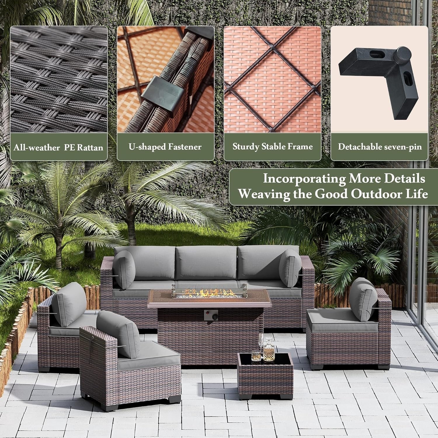Outdoor Rattan Sectional Sofa Set, Patio Furniture Conversation Set with Fire Pit Table