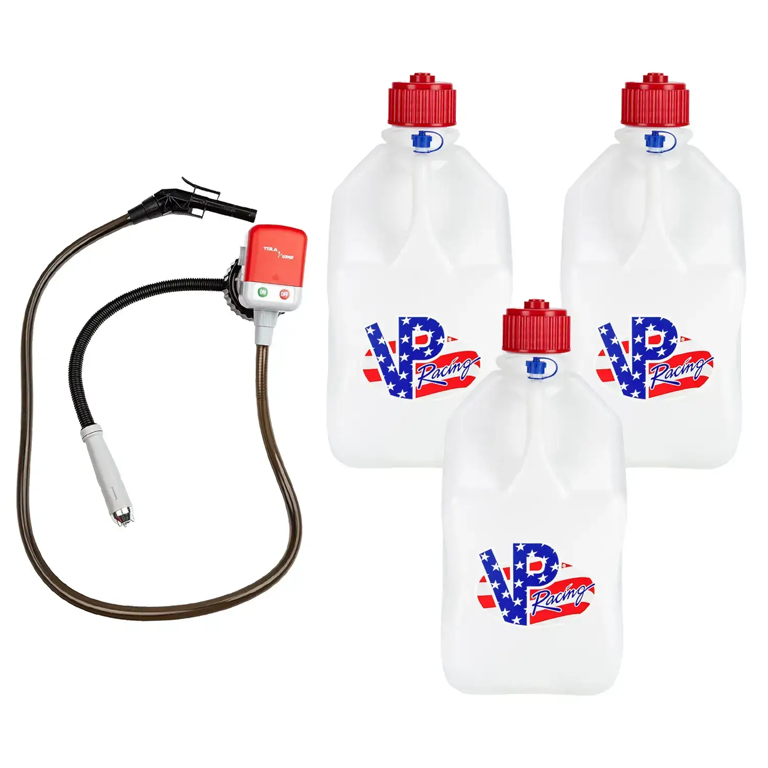 (3 PACK) Racing Fuels Utility Jug + (1) Fluid Transfer Pump, Tera Pump, Battery Liquid Transfer, Cordless Water Transfer Outdoor Power Equipment, Motorsports,  Efficiency,  Convenience