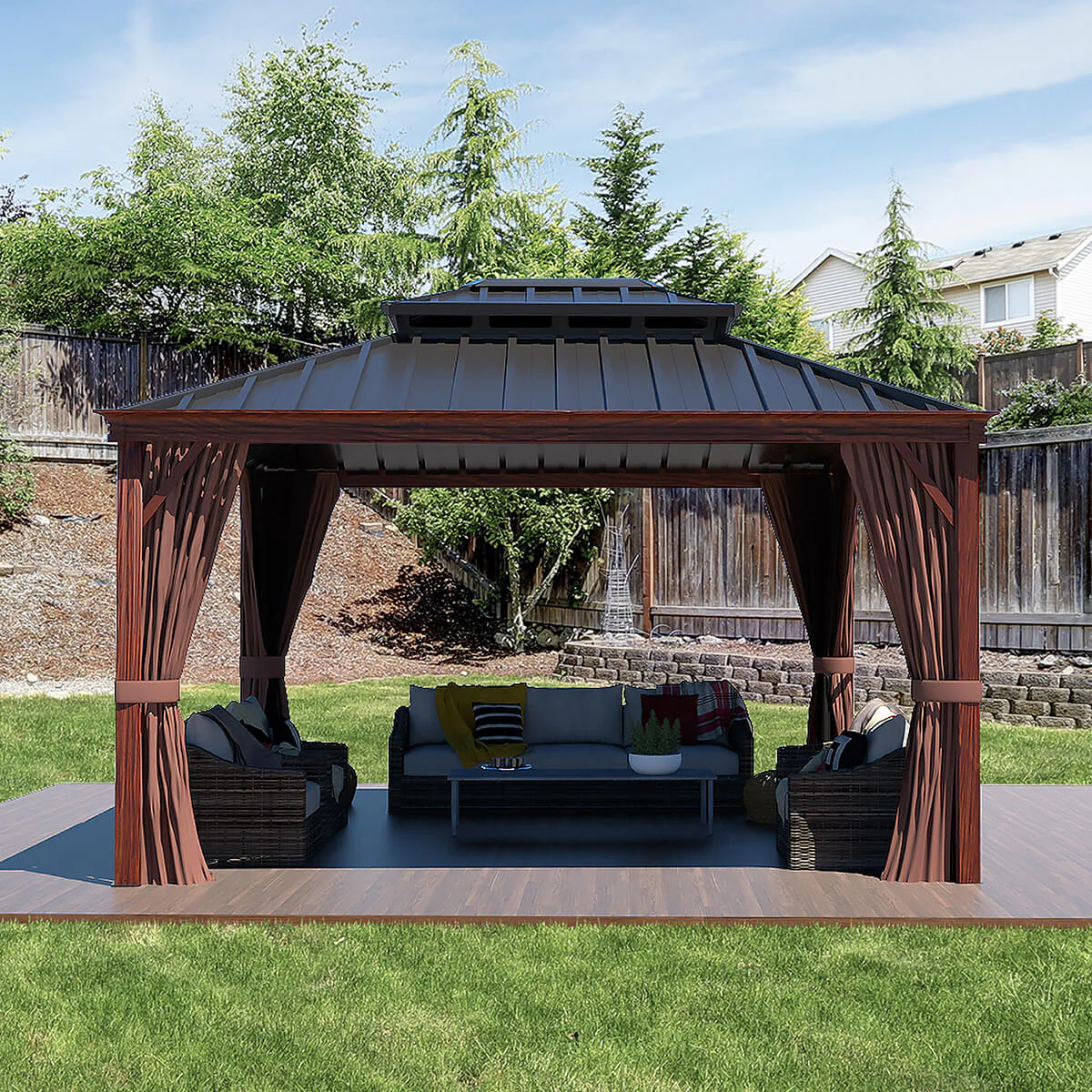 12-ft x 10-ft Wood Grain Appearance Hardtop Brown Gazebo with Hardtop Roof (Screen Included)