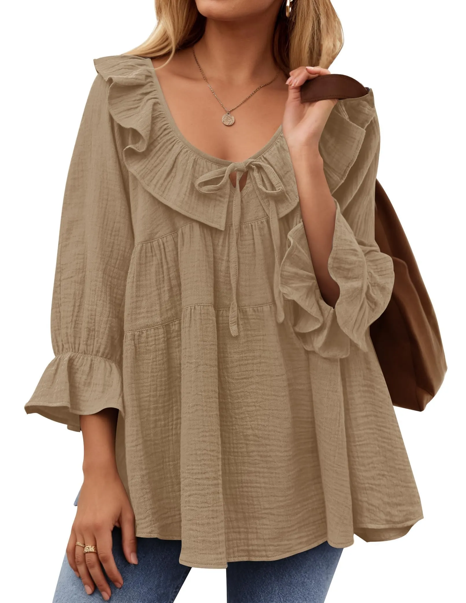 Women’s Scoop Neck 3/4 Length Sleeve Tie Front Ruffle Tiered Tunic Shirts