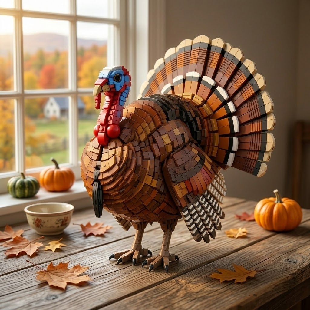 Thanksgiving Harvest Turkey Building Blocks Set, Holiday Animal Decor Construction Toy for Table Centerpiece