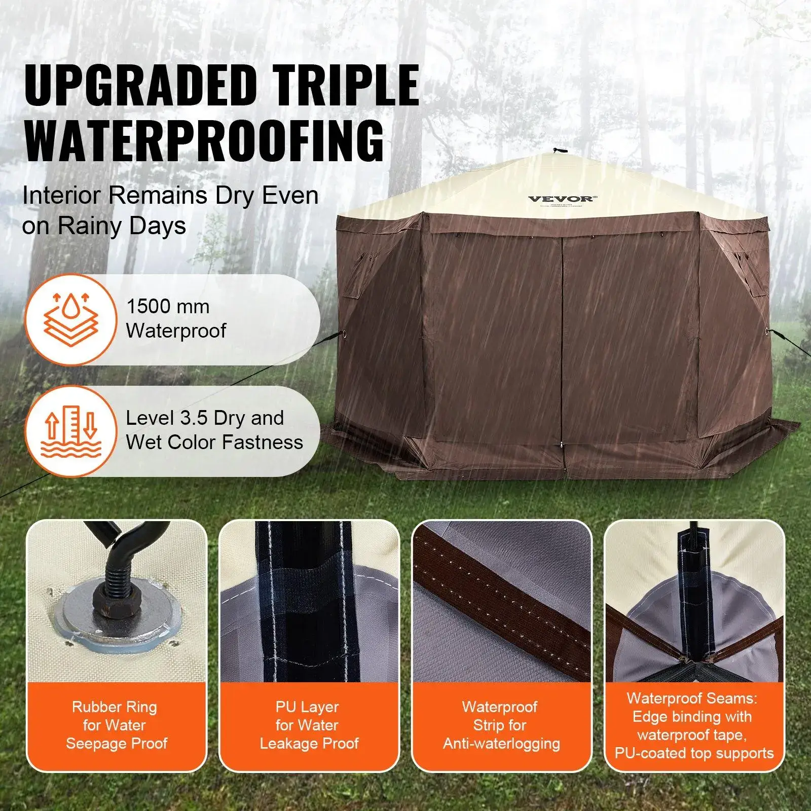 Camping Gazebo Screen Tent, 12*12ft, 6 Sided Pop-up Canopy Shelter Tent with Mesh Windows, Portable Carry Bag, Stakes, Large Shade Tents for Outdoor Camping, Lawn and Backyard, Brown/Beige