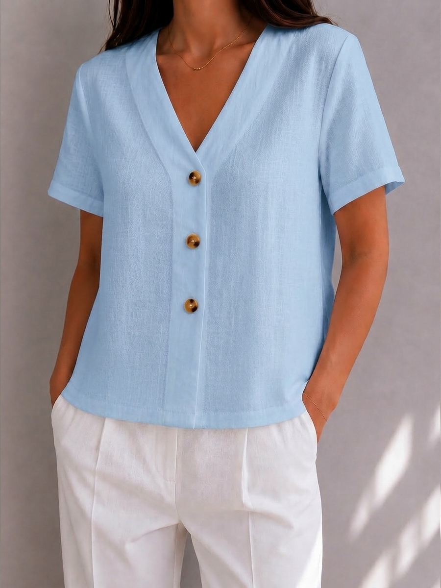 Button Detail V-Neck Linen Blend Blouse